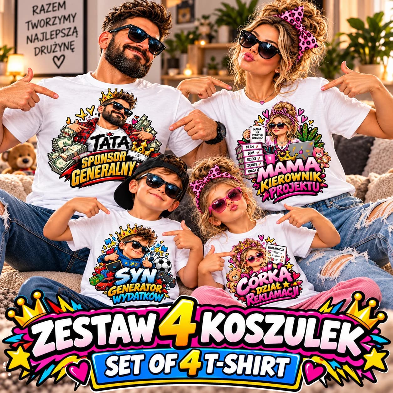 Family Team – Set of 4 Matching T-Shirts | Dad, Mum, Son & Daughter